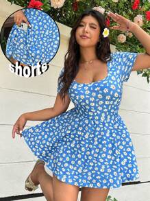 SHEIN EZwear Plus Size Women's Basic Black Square Neck Short Sleeve A-Line Ruffle Hem Jumpsuit Romper, Stretchy Comfy Fabric, Suitable For School, Outdoor, Yoga, Fitness, Daily Wear, Versatile - Blue - View 3