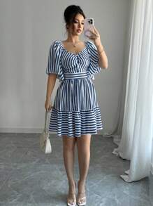 Elenzga 新款春夏蓝白条纹短袖优雅休闲修腰中长连衣裙 - 藏蓝色 - 查看 5