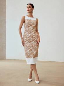 MOTF PREMIUM GUIPURE LACE ZIPPER BACK SPLIT HEM SLIM FIT DRESS WITHOUT BELT - Khaki - View 4