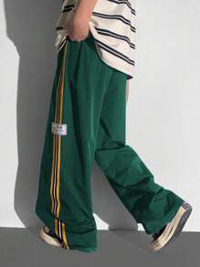 Tween Boys Casual Versatile Comfortable Colored Webbing Letter Woven Label Straight Loose Woven Plain Pants, Suitable For Commuting, School, Daily, Vacation, Sports, Spring/Summer/Fall/Winter