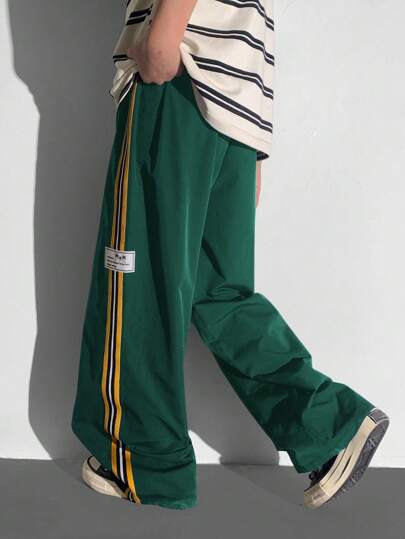 Tween Boys Casual Versatile Comfortable Colored Webbing Letter Woven Label Straight Loose Woven Plain Pants, Suitable For Commuting, School, Daily, Vacation, Sports, Spring/Summer/Fall/Winter