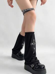 ROMWE Grunge Punk Quần giữ ấm chân giữa bắp chân bằng kim loại thêu chữ thập Gothic tối màu thời trang Y2K, thích hợp cho kỳ nghỉ, tiệc tùng, mua sắm, chụp ảnh, Halloween - màu đen - Xem 4