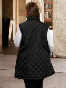 SHEIN Clasi 大码女式豹纹印花衬里口袋拉链前襟背心外套，适合秋冬季穿着 - 黑色 - 查看 2