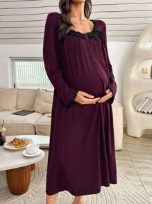 Moonlight&Mama Maternity Women Casual Lace Patchwork Aweetheart Neck Loose Long Sleeve Nightdress, Fall, Winter - Burgundy - View 3
