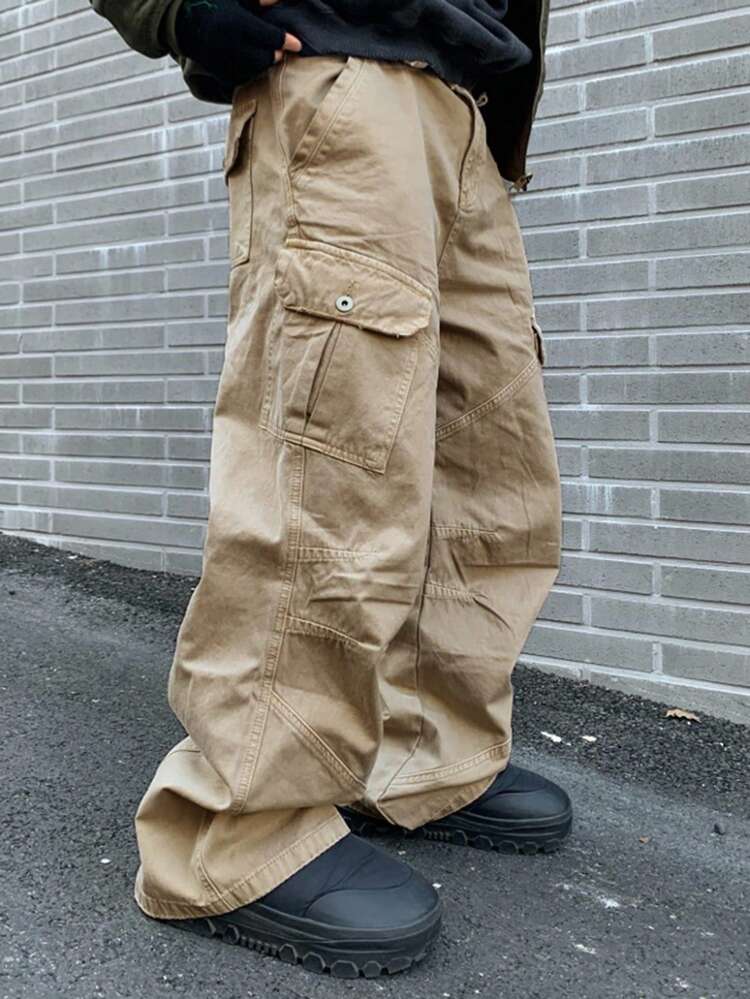 Plain Color Khaki Washed Men's Pants, Autumn Men Joggers