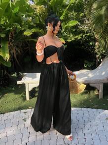 SHEIN SXY Bộ áo dây mảnh không tay gợi cảm và áo liền quần, phong cách kỳ nghỉ - màu đen - Xem 5