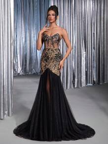 Glamrae 优雅奢华浪漫3D花卉亮片蕾丝抹胸修身美人鱼风格多层网眼垂坠新娘婚纱 - 黑色 - 查看 6