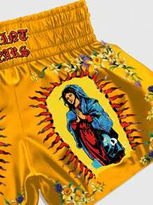 ROMWE MEN Street Life 男士休闲动漫印花松紧腰平角短裤 - 金色 - 查看 5