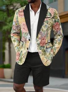 Manfinity AFTRDRK 2pcs/Set Men Floral Print Contrast Color Long Sleeve Jacket & Shorts Casual Suit