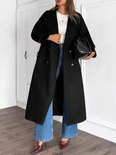 EURMUSE Enfärgad elegant ullkappa med knappar framtill för kvinnor