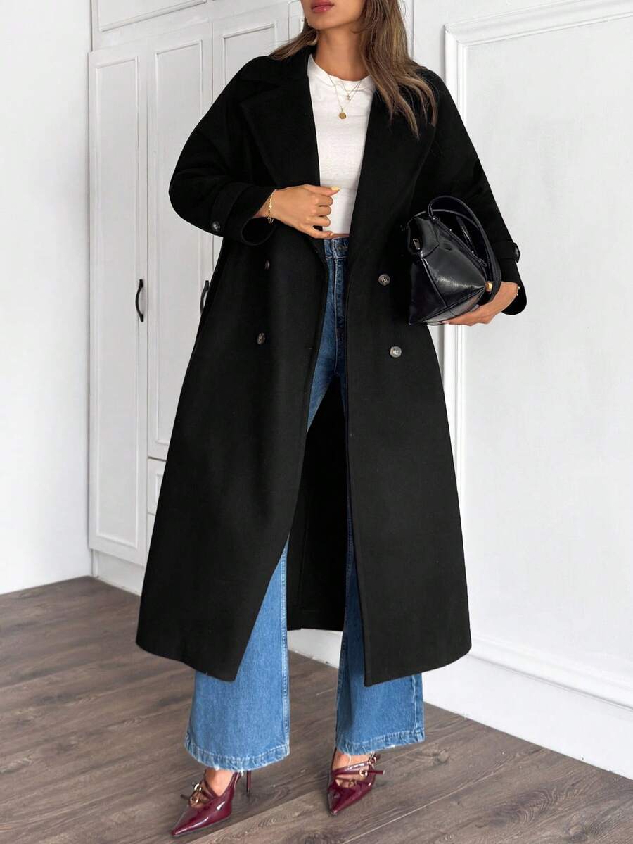 EURMUSE 女士纯色优雅纽扣前羊毛大衣