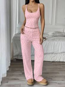 Flirla 2pcs Ribbed Fabric Camisole Top And Pants Casual Loungewear Set - Pink - View 3