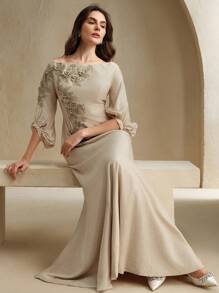 Anewsta Off-Shoulder Embroidered Linen Dress For Women - Apricot - View 4