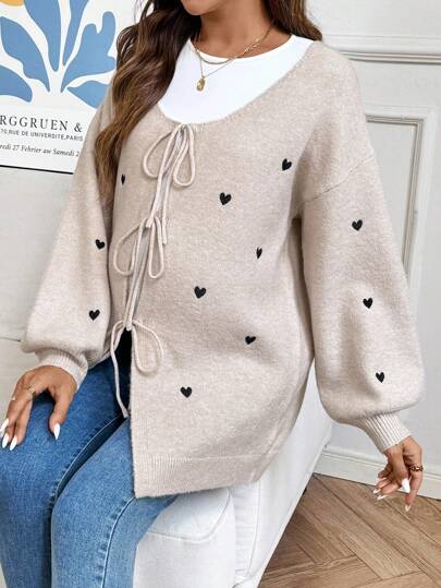 SHEIN マタニティ ルーズフィット ハートパターン ドロップショルダー フロントタイ ニットカーディガン、秋冬