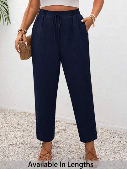 SHEIN PETITE CURVE Plus Size Vacation Solid Color Knotted Casual Pants With Pockets Navy Blue Pants Women Casual Pants Women Summer Pants Drawstring Pants Women Trousers