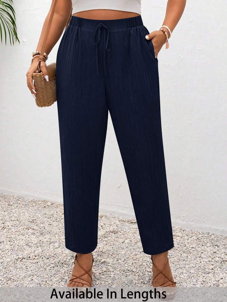 SHEIN PETITE CURVE Plus Size Vacation Solid Color Knotted Casual Pants With Pockets Navy Blue Pants Women Casual Pants Women Summer Pants Drawstring Pants Women Trousers