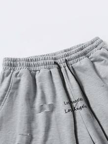 Manfinity EMRG Men's Loose Street Style Letter Embroidery Distressed Sweatpants Grey Baggy Sweatpants Ripped Sweatpants Sweatpants Patched Los Angeles Sweatpants Sweatpants With Holes Grey Sweatpants Los Angeles - Grey - View 4