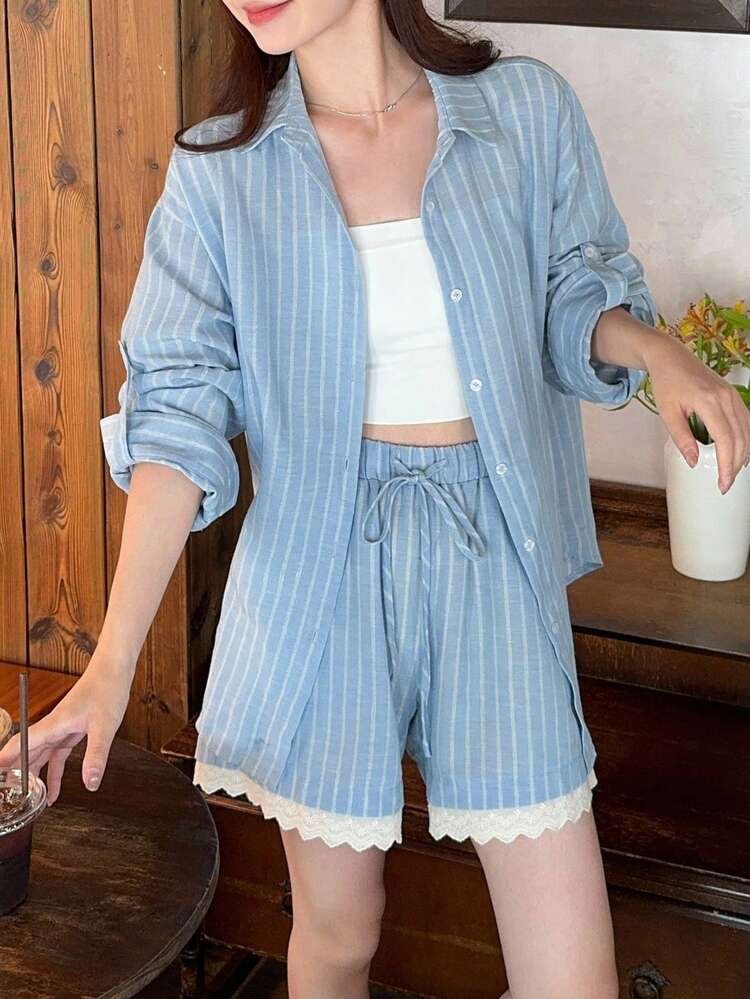 2pcs/Set Women Summer Loose Striped Shirt And Lace Patchwork Shorts, Girls Casual Outfit Lounge Sets For Women