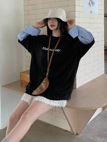 DAZY 女式字母印花仿二合一格子袖口宽松休闲 T 恤秋季上衣长袖上衣 - 黑色 - 查看 5