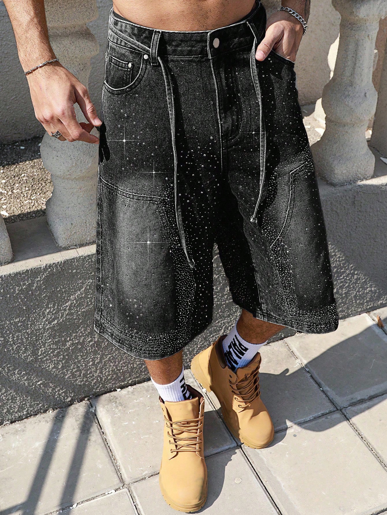 【COLOR iN ID】Studded Damage Bermuda Denim Men's Washed Rhinestone Denim Bermuda Shorts – My Store