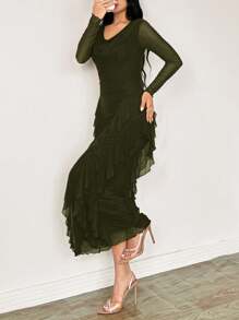 Modelyn 女式弹力网眼荷叶边领修身优雅长裙，春夏 - 墨綠色 - 查看 4