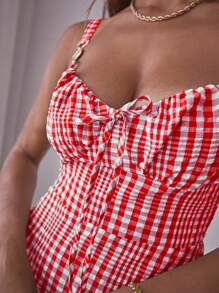 Aralina 格纹链条肩带前系带紧身胸衣夏季迷你连衣裙