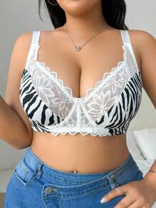 SHEIN 1pc Women Plus Size Lace Patchwork Zebra Print Wireless Bra, Without Padding