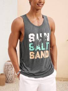 Manfinity VCAY Chaleco ligero y transpirable de punto con estampado de palmeras y letras hawaianas para hombres, ideal para vestimenta casual de playa, vacaciones y surf en verano, color gris