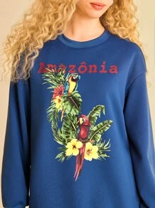 CAJUNI Vacation Casual Summer Tropical Parrot & Plant Print Crew Neck Long Sleeve Hoodie In Fall/Winter - Multicolor - View 3