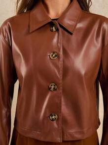 COSMINA Áo khoác da PU cổ bẻ cài nút phía trước giản dị cổ điển cho nữ - Màu Khaki - Xem 7
