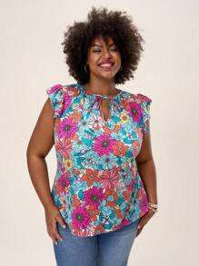 Comfylo Blusa de manga corta con estampado floral colorido de estilo bohemio para mujer de talla grande, ideal para primavera, festivales y estilo "Old Money" - Multicolor - Ver 1