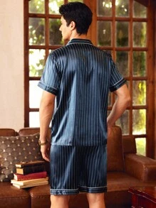 SHEIN EverLounge Men Vertical Striped Button Front PJ Set / Pajama Set