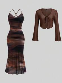 Sunspun 大码休闲浪漫连衣裙（带罩衫），两件套 - 卡其色 - 查看 1