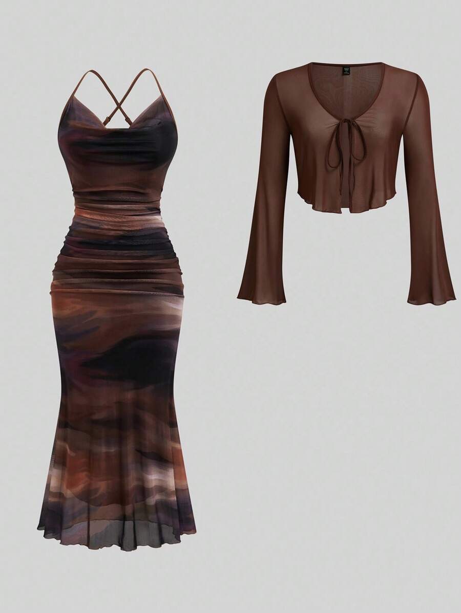 Sunspun 大码休闲浪漫连衣裙（带罩衫），两件套 - 卡其色 - 查看 1