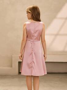 Girls' Round Neck Sleeveless Bow Decor Elegant Dress, Suitable For Meetings, Gatherings, Weddings - Pink - View 2