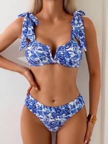 Sunnyshic Ladies 2pcs Random Printed V-Neck Thick Strap Bowknot Crop Top & Triangle Bottom Bikini Set Set - Blue and White - View 4