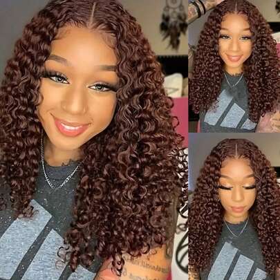 Peluca de cabello humano con ondas profundas estilo bob en color marrón chocolate #4, con línea frontal de encaje transparente de 13x4x1 y densidad de 150, pre-aclarada para mujeres