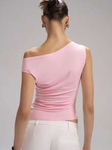 LYSMO Women's Casual Asymmetrical Shoulder Light Pink Blouse, Summer - Baby Pink - View 2