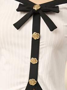 SHEIN 2 件套少女优雅白色针织方领蝴蝶装饰短袖 T 恤 + 修身喇叭长裤，2 件套服装 - 杏色 - 查看 7