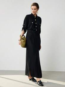 Uhlyne 女装秋季新款法式通勤度假休闲X型亚麻单排扣金属纽扣长袖衬衫裙 - 黑色 - 查看 8