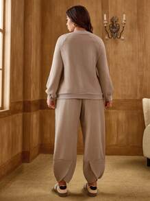 SHEIN LUNE Conjunto informal de 2 piezas de talla grande: chaqueta de manga larga y pantalón de unicolor - Albaricoque - Ver 2