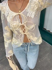 SHEIN Frenchy بلوزة أزهار شبكية بأكمام طويلة وعقدة أمامية موضة للسيدات - لون مشمشي - مشاهدة 3