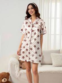 Aprikosen-Blume Muster-Langhemdkleid für Damen, stilvolles und süßes lässiges Nachtwäsche-Pyjama-Set mit Blumenkaromuster, Seidenpyjama-Set, Vintage-Pyjama-Set