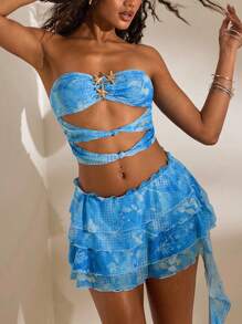 Opulessa 2 pièces/Set Top bandeau court tricoté et mini-jupe à taille basse pour femmes