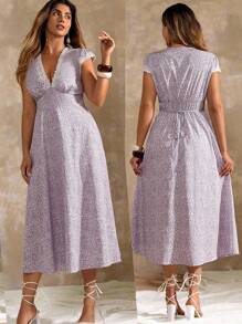 Flirla 大码女式V领短袖褶饰A字中长碎花连衣裙 - 淡紫色 - 查看 1