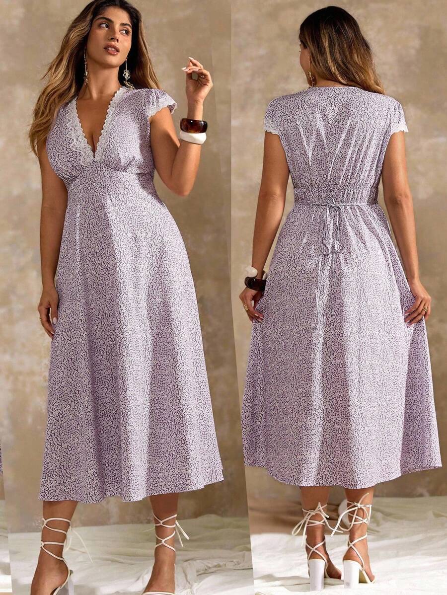 Flirla 大码女式V领短袖褶饰A字中长碎花连衣裙 - 淡紫色 - 查看 1