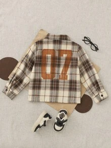 Playful Pals 1 件年轻男孩复古格纹长袖有领衬衫，数码印花休闲宽松纽扣夹克，百搭牛仔裤或休闲裤，秋季新品 - 卡其色 - 查看 2