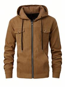 Manfinity Homme Casual Fashionable Versatile Everyday Zip-Up Hooded Long Sleeve Men's Jacket Men Zip Up Hoodie Brown Hoodie Men Zip Up Jacket Men Casual Jacket Brown Zip Up Jacket , Fall Winter - Brown - View 1