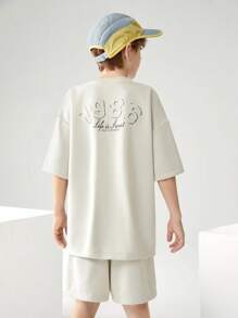 JNSQ Ensemble sweat-shirt à capuche et shorts de sport décontracté pour la rentrée scolaire, t-shirt oversize à col rond avec imprimé graphique de lettres amusantes et shorts pour enfants - Kaki - Voir 2