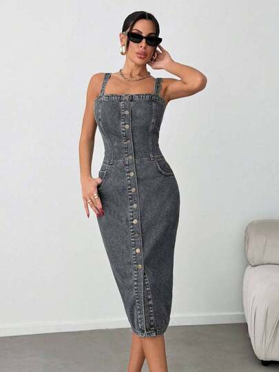 EURMUSE Slant Pocket Button Front Overall Denim Midi Dress